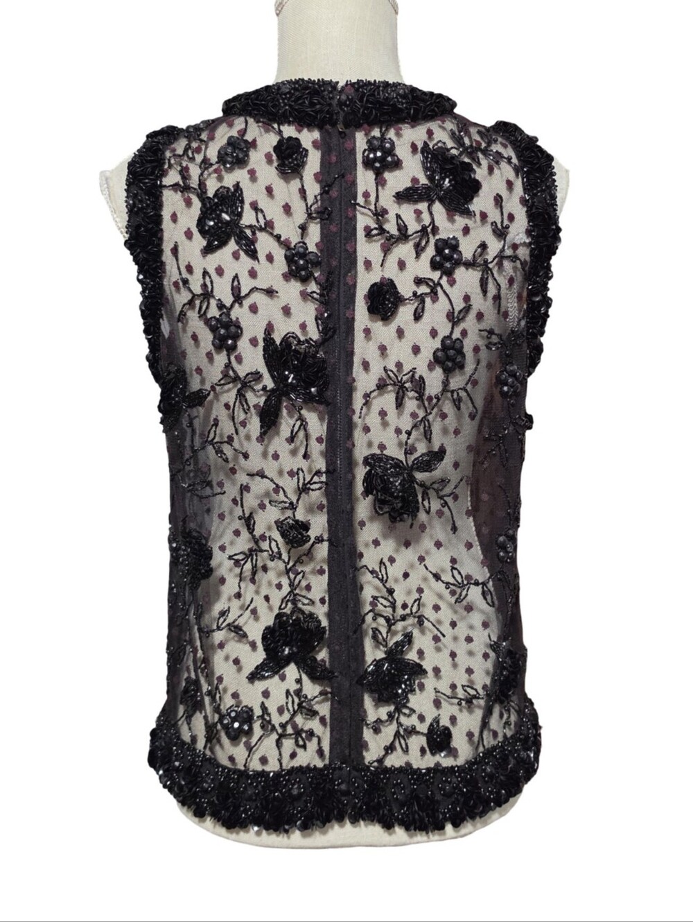 VINTAGE Beaded Mesh Top Womens Medium Black Floral Sequin British Hong Kong - Picture 5 of 8
